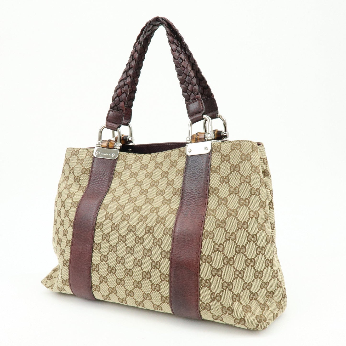 GUCCI Bamboo GG Canvas Leather Tote Hand Bag Beige Purple 232947