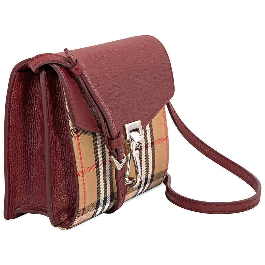 Burberry Mini Leather and   Check Crossbody Bag- Crimson 4079967