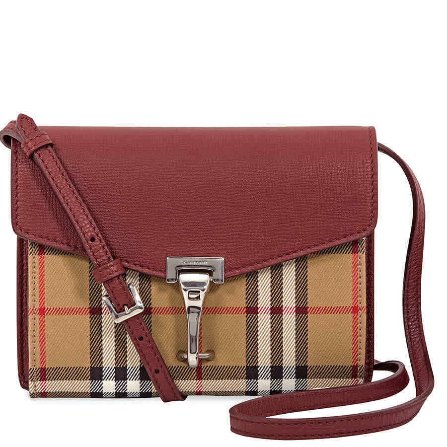 Burberry Mini Leather and   Check Crossbody Bag- Crimson 4079967