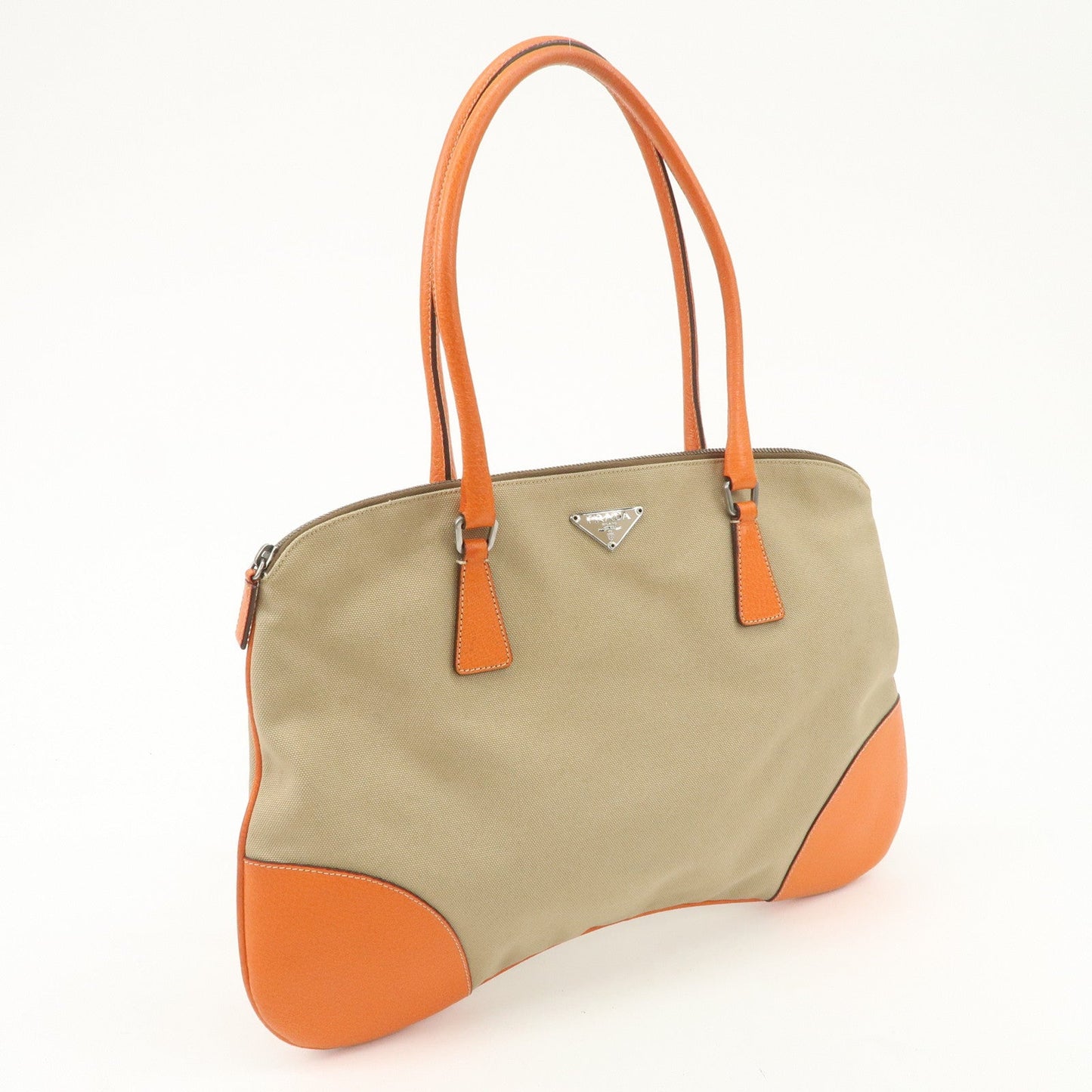 PRADA Triangle Logo Canvas Leather Shoulder Bag Orange Beige  d