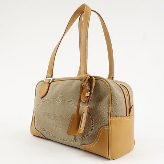 PRADA Logo Jacquard Leather Boston Bag Shoulder Bag Beige  d