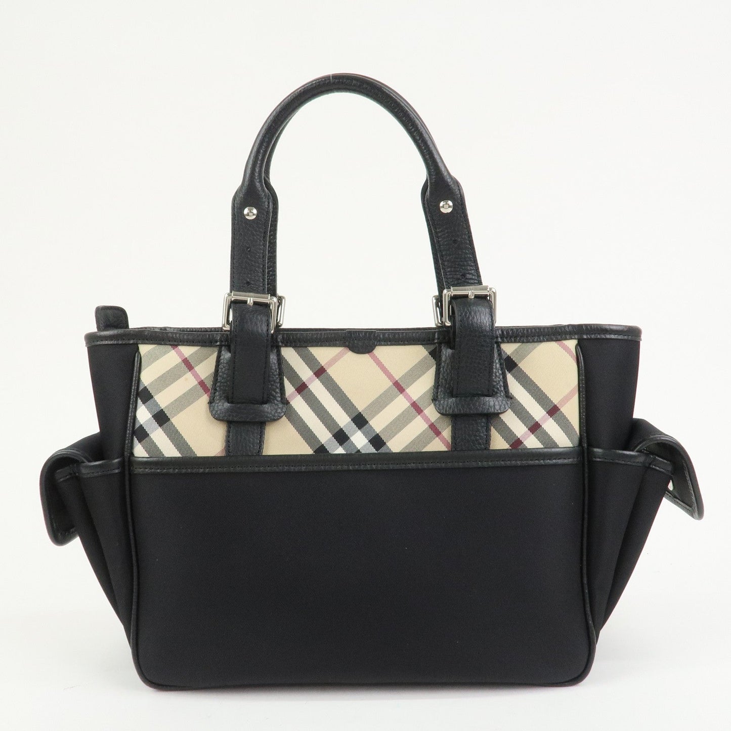 BURBERRY Nova Plaid Nylon Leather Tote Bag Hand bag Black