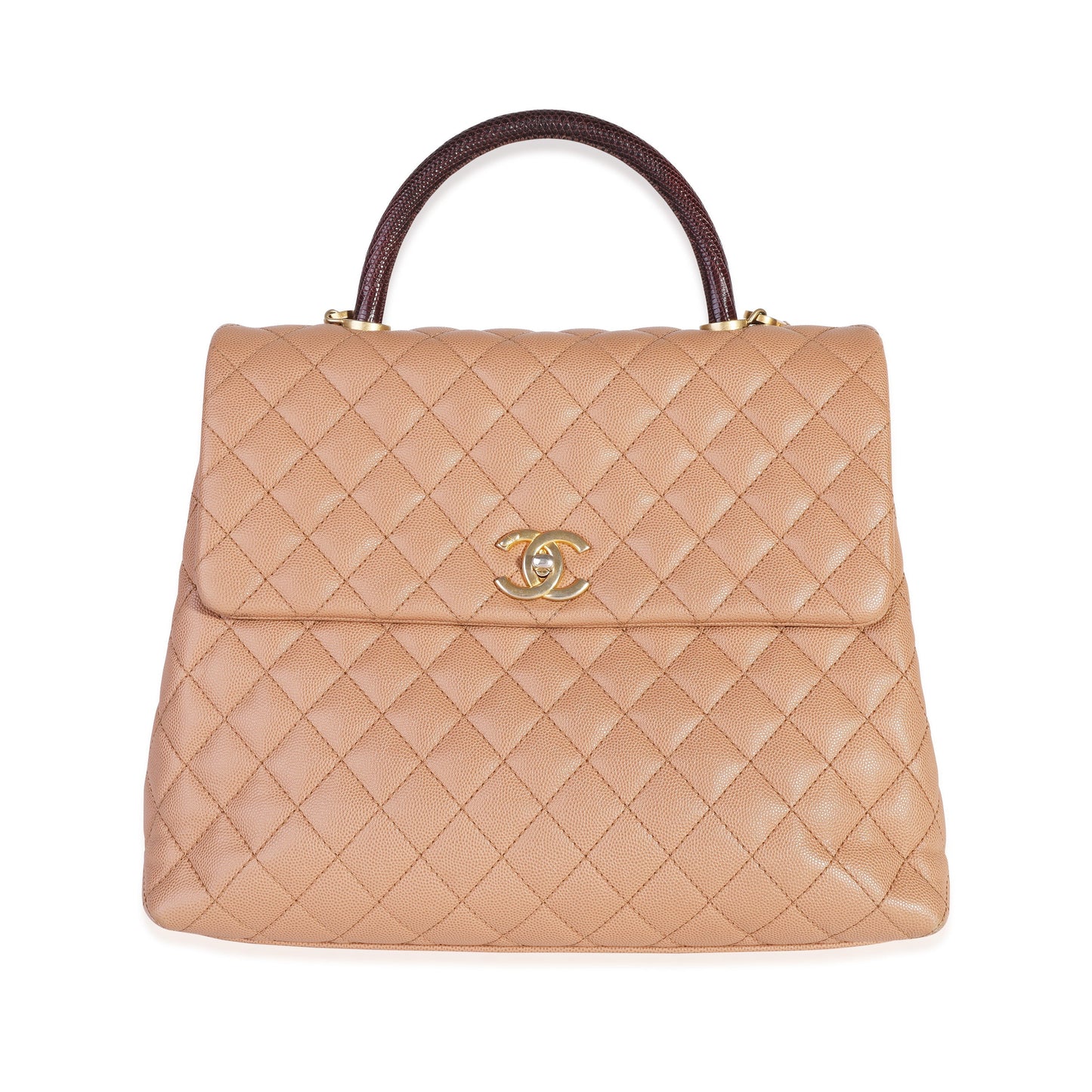 CHANEL Beige Quilted Caviar & Burgundy Lizard Large Coco Handle Flap Bag