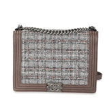 Chanel Taupe and Multicolor Tweed Caviar Large Boy Handbag
