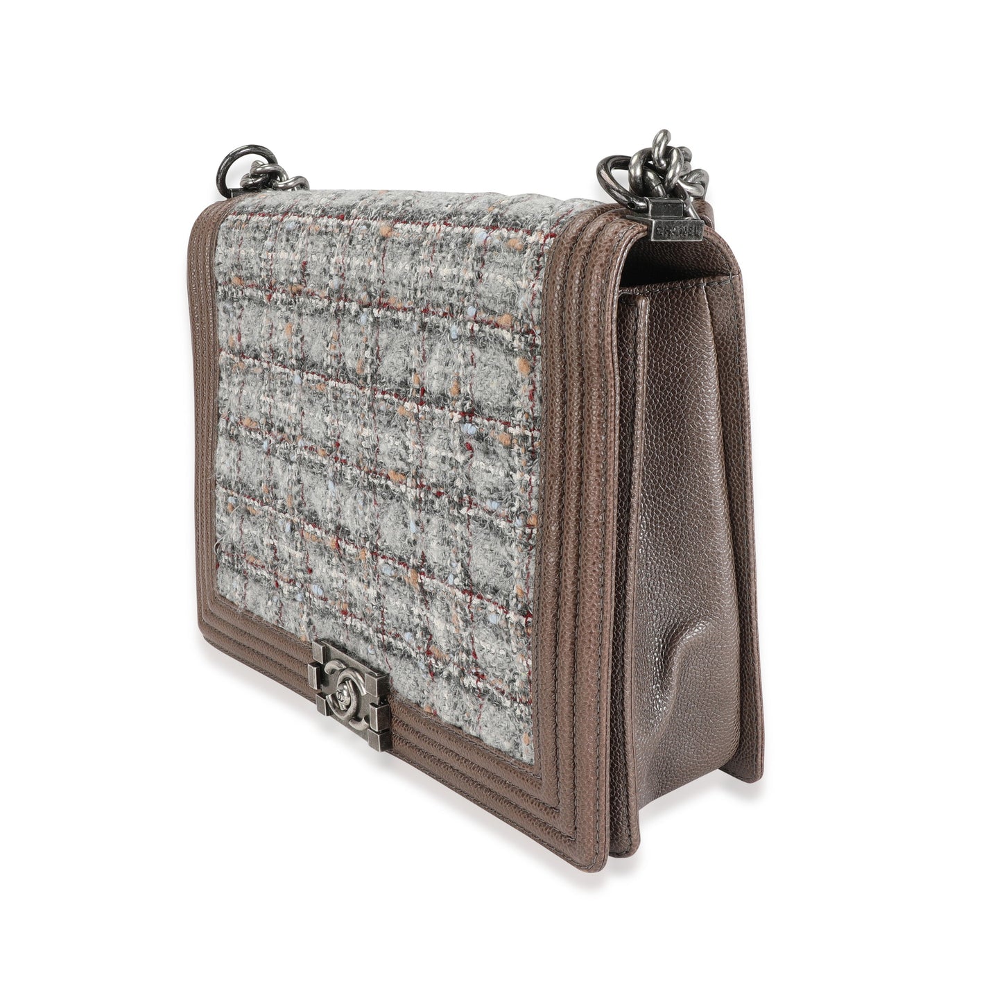 Chanel Taupe and Multicolor Tweed Caviar Large Boy Handbag