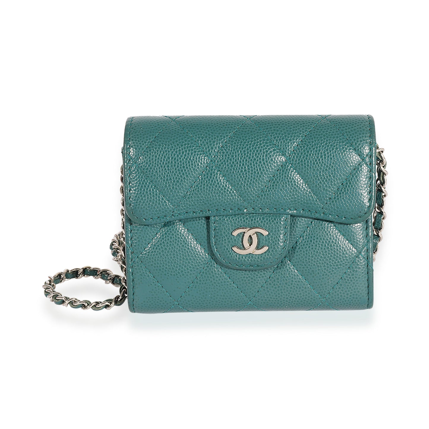 Chanel Teal Quilted Caviar Classic Card Holder on Chain Handbag