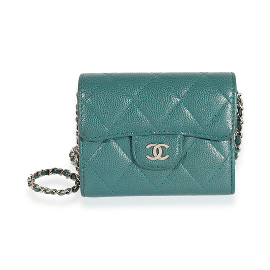 Chanel Teal Quilted Caviar Classic Card Holder on Chain Handbag