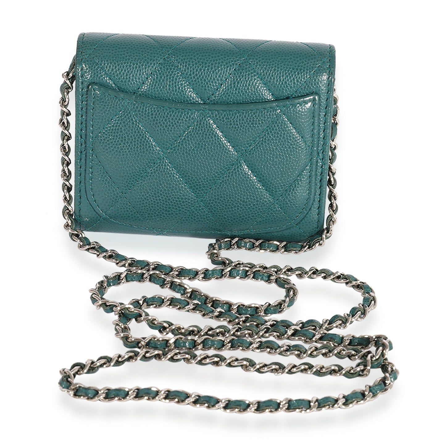 Chanel Teal Quilted Caviar Classic Card Holder on Chain Handbag