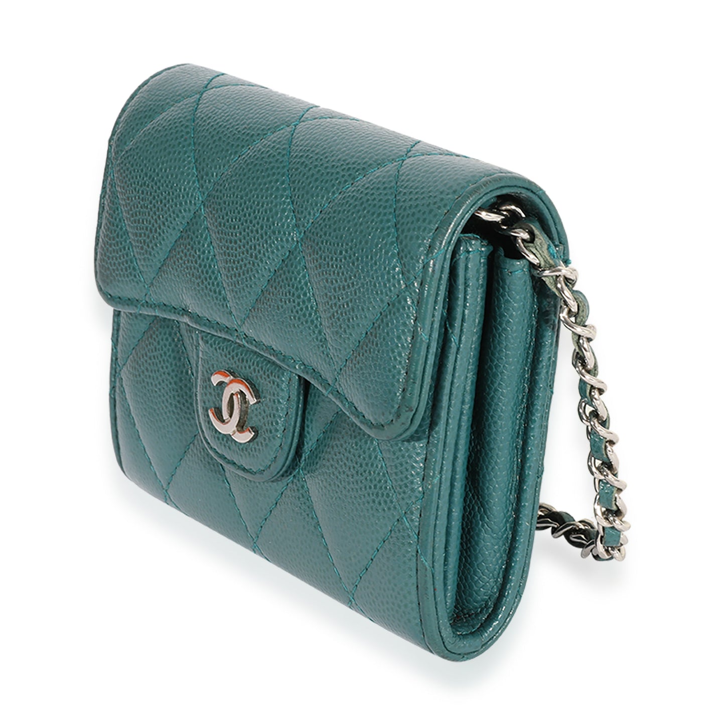 Chanel Teal Quilted Caviar Classic Card Holder on Chain Handbag