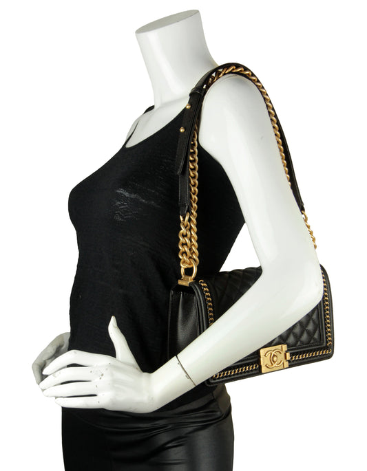 Chanel Black Caviar Quilted Medium Chain Through Boy Flap