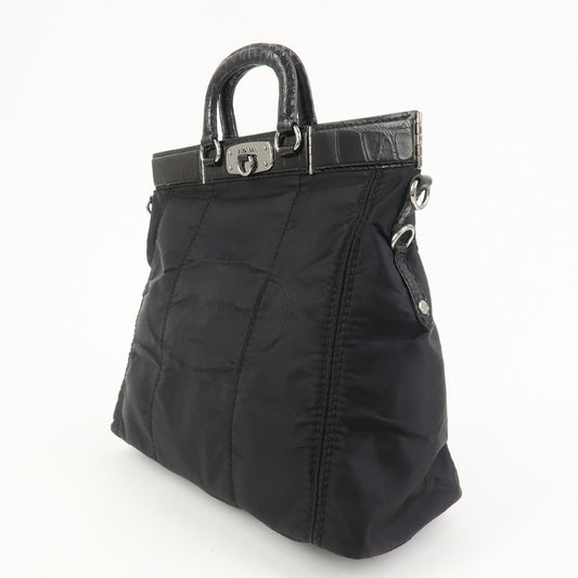 PRADA Triangle Logo Nylon Embossed Leather Hand Bag Black