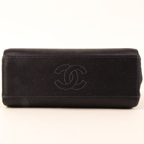 CHANEL Around 2000 Made Silk Satin Rhinestone Camellia Cc Mark Mini Top Handle Bag Black