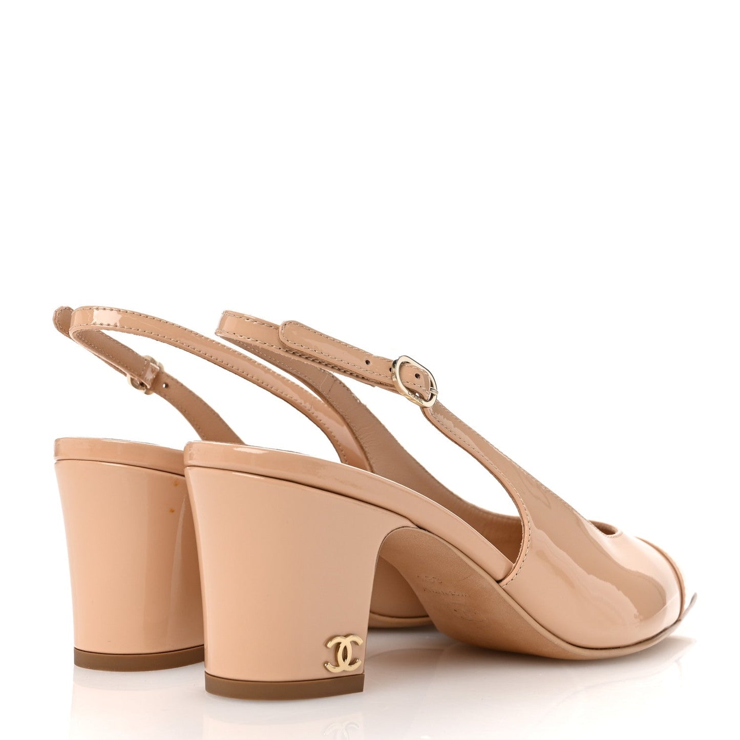 Amelia Patent Calfskin Cap Toe CC Slingback Pumps 38 Beige