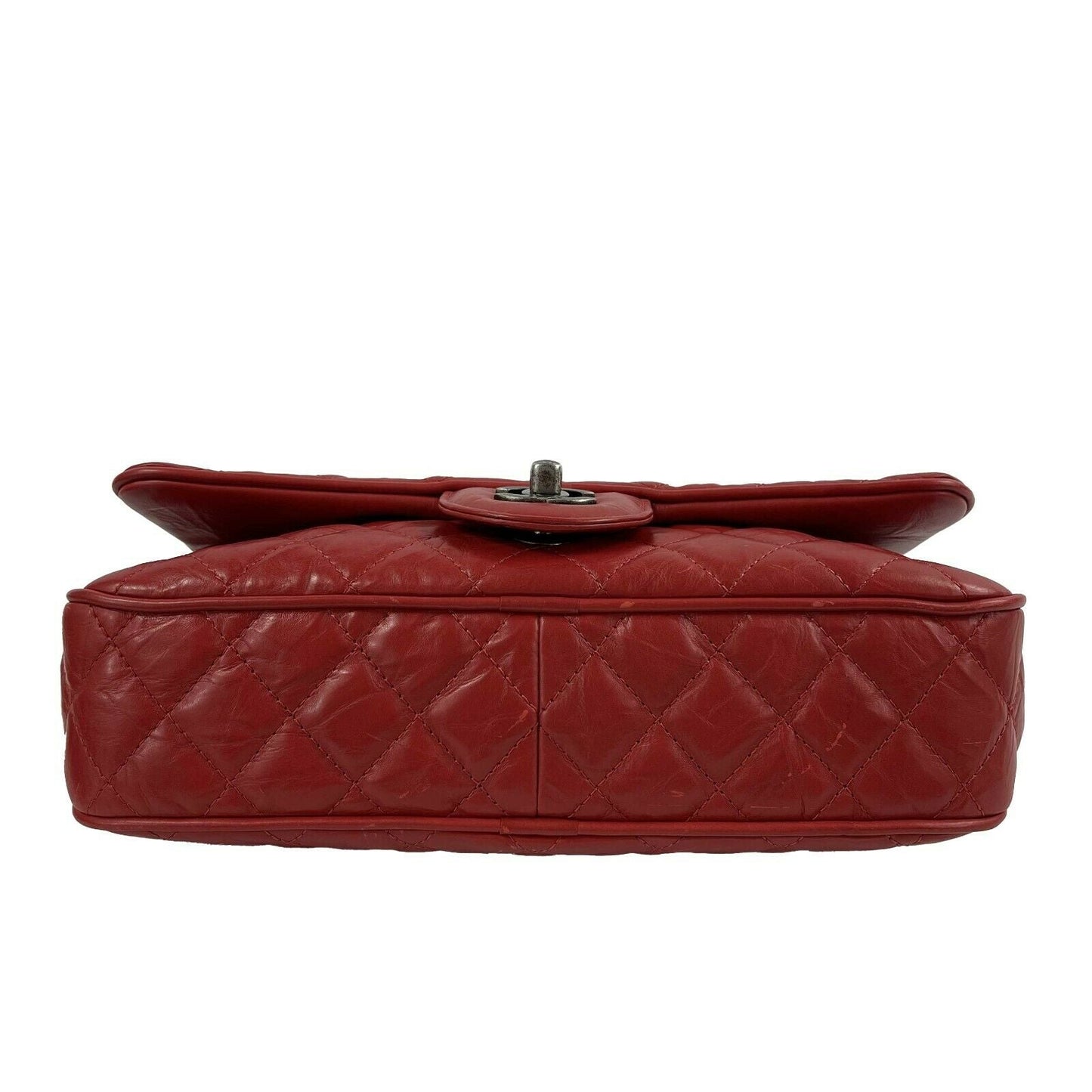 CHANEL Red Crinkled Leather Boy Chain Flap Bag / Silver-Aged - Shoulder Bag