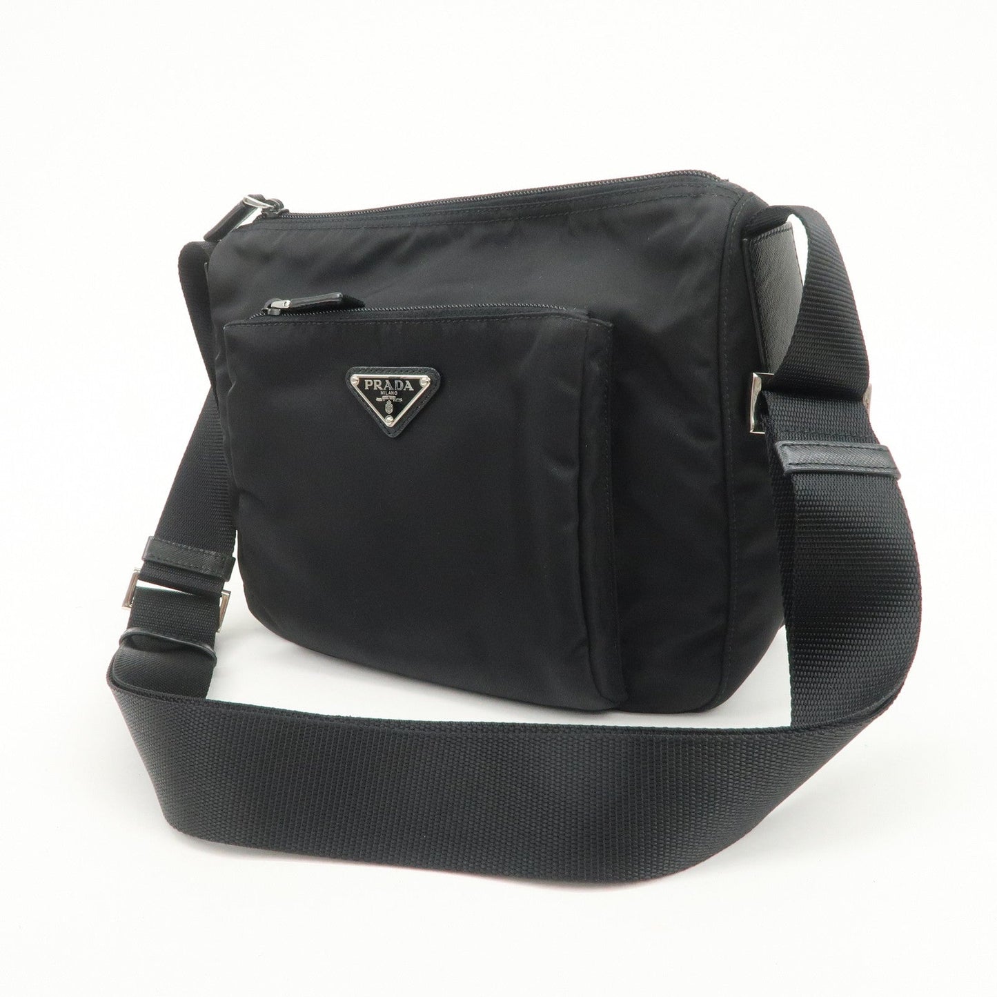 PRADA Triangle Logo Nylon Saffiano Leather Shoulder Bag Black