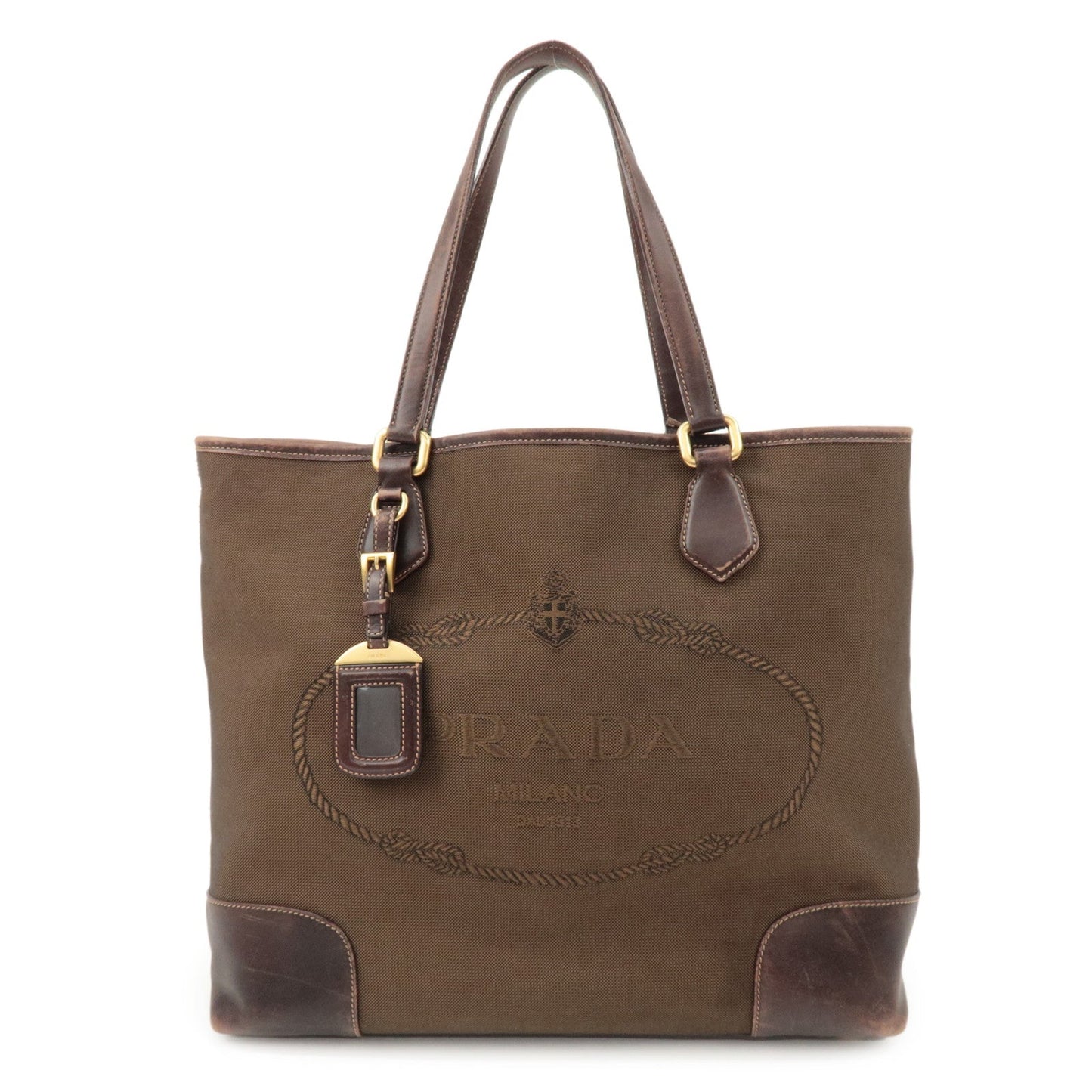 PRADA Triangle Logo Jacquard Leather 2Way Bag Tote Bag Brown  d