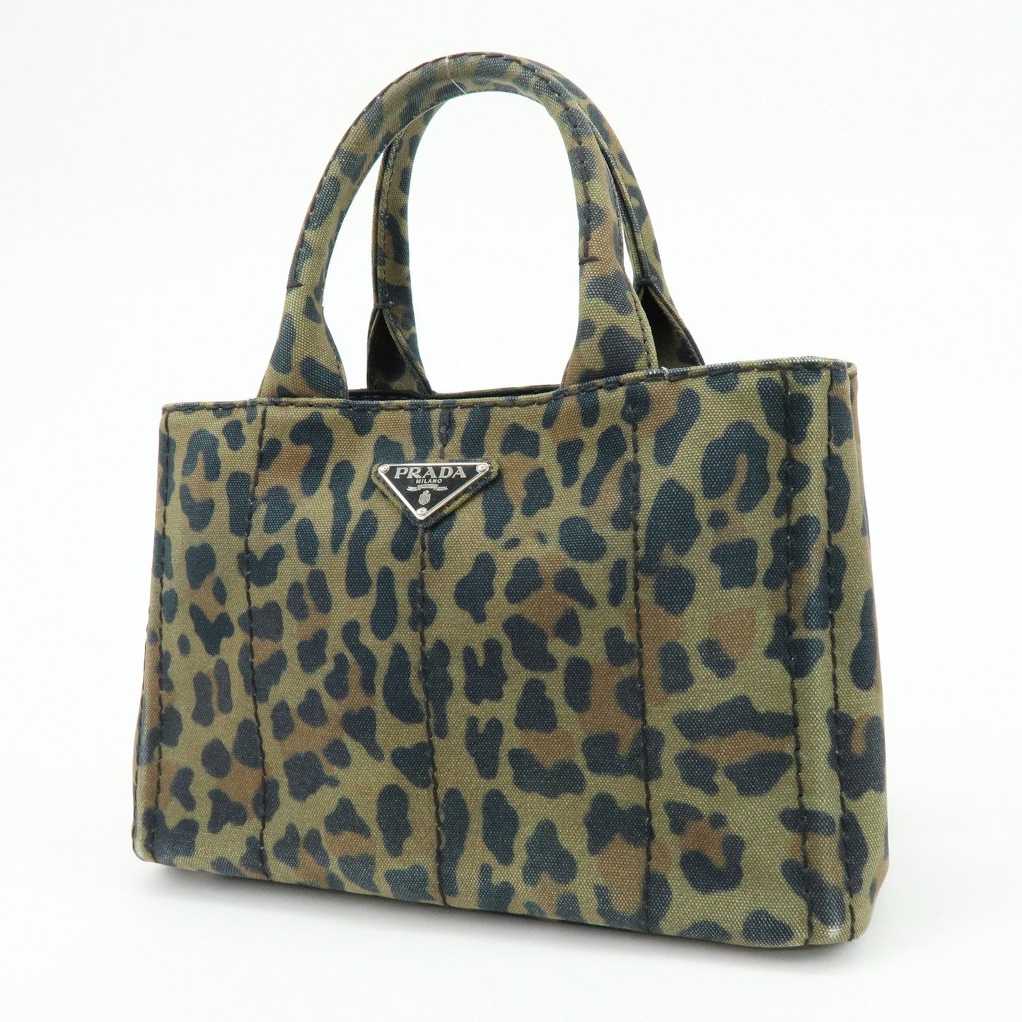 PRADA Canapa Mini Leopard Canvas 2Way Bag Hand Bag Khaki 1BG439