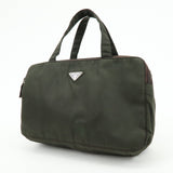 PRADA Triangle Logo Nylon Leather Hand Bag Cosmetic Case Khaki