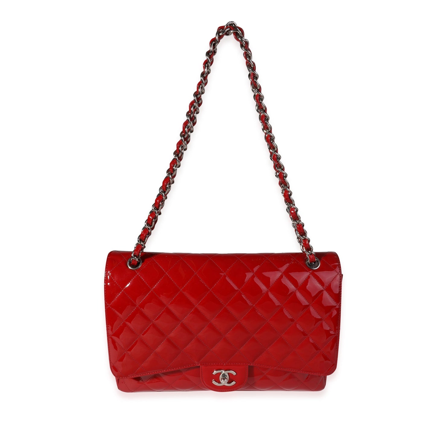 Chanel Red Quilted Patent Leather Maxi Classic Single Flap Bag