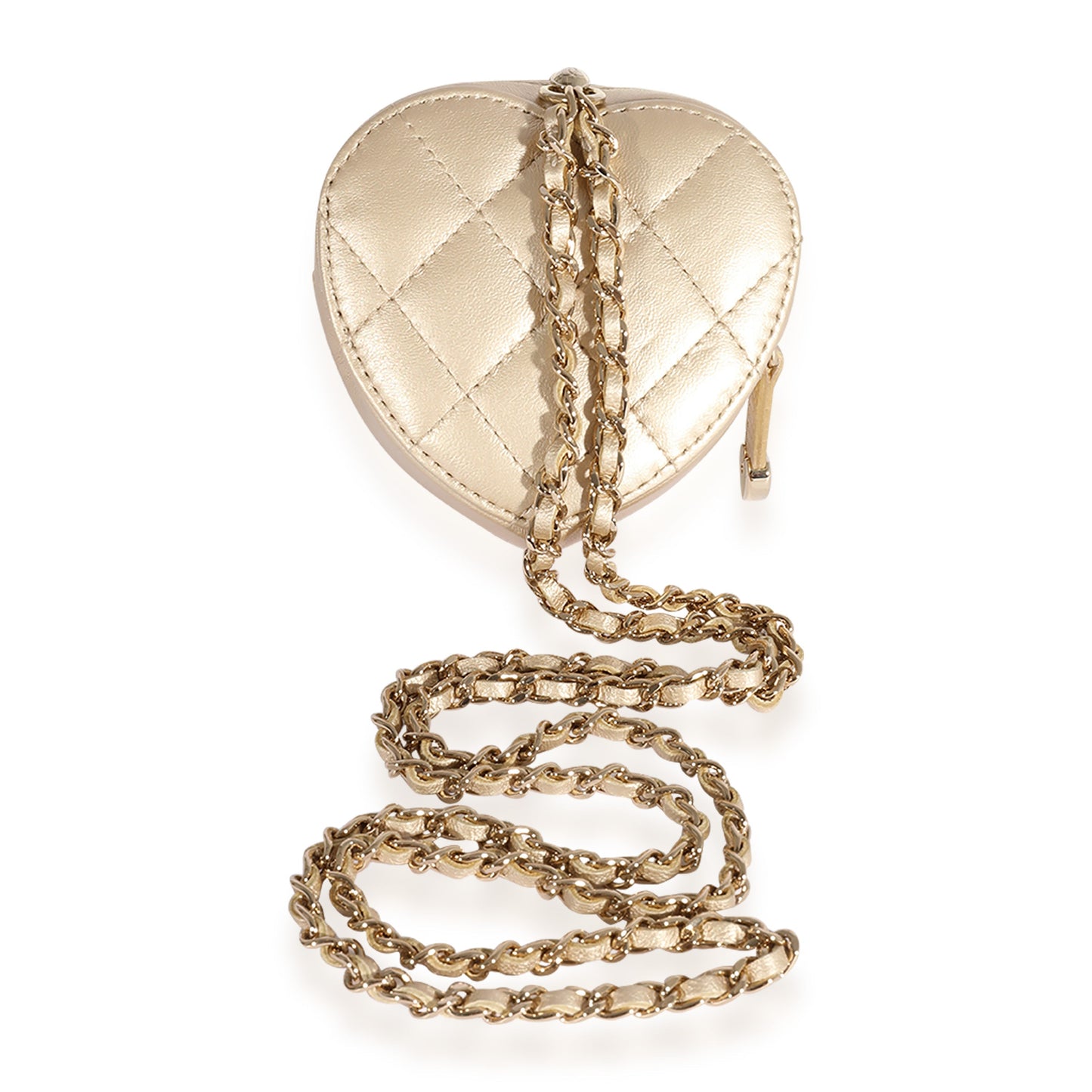 Chanel Metallic Gold Quilted Lambskin Heart Coin Purse Necklace
