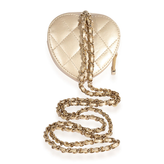 Chanel Metallic Gold Quilted Lambskin Heart Coin Purse Necklace