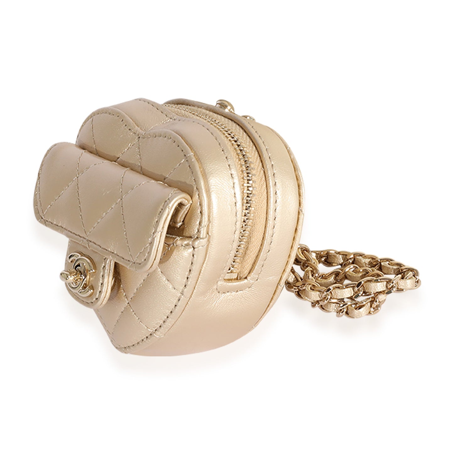 Chanel Metallic Gold Quilted Lambskin Heart Coin Purse Necklace