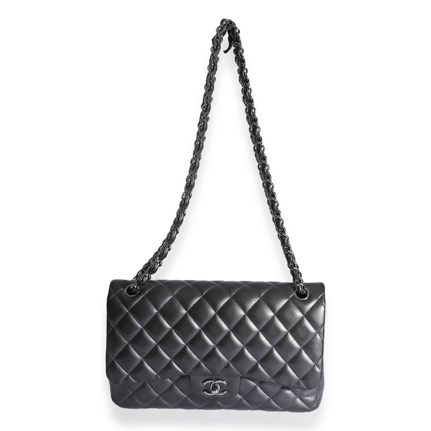 Chanel Metallic Gunmetal Quilted Lambskin Jumbo Double Flap Bag