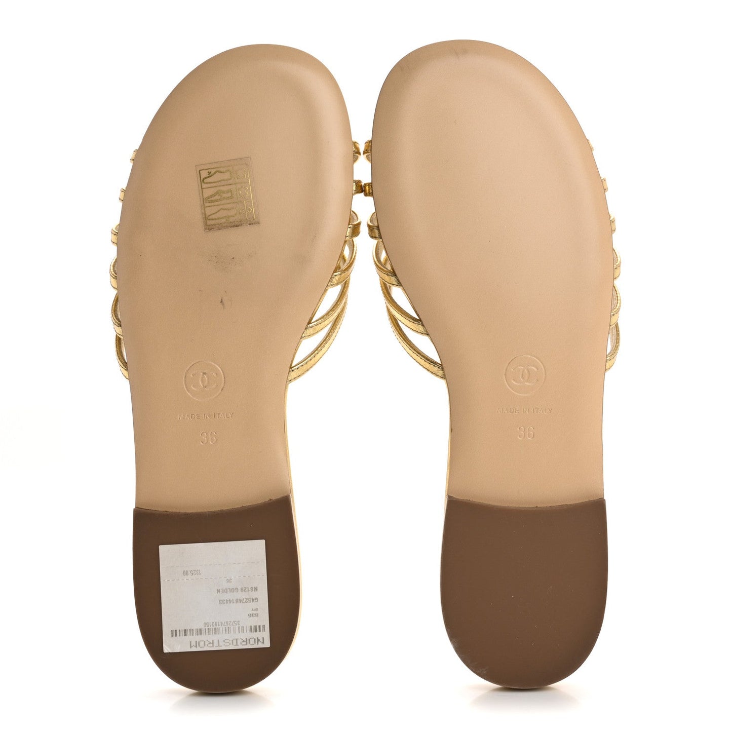 Amelia Laminated Lambskin Camellia CC Slide Sandals 36 Golden