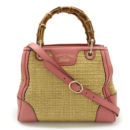 Gucci Bamboo Small Shopper Straw Leather 2way Handbag