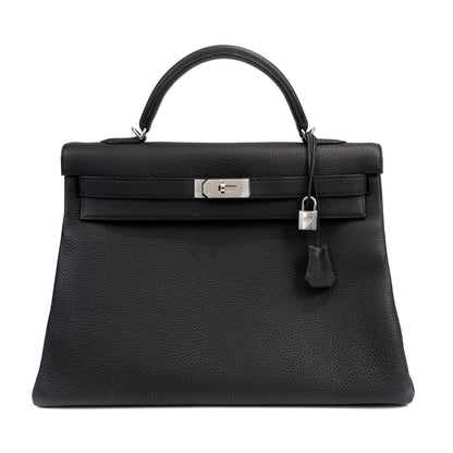 Luxury Hermes 40cm Black Togo Kelly w/ Palladium Hardware