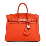 Luxury Hermes 25cm Rouge Tomate Togo Birkin w/ White Stitching & Palladium Hardware