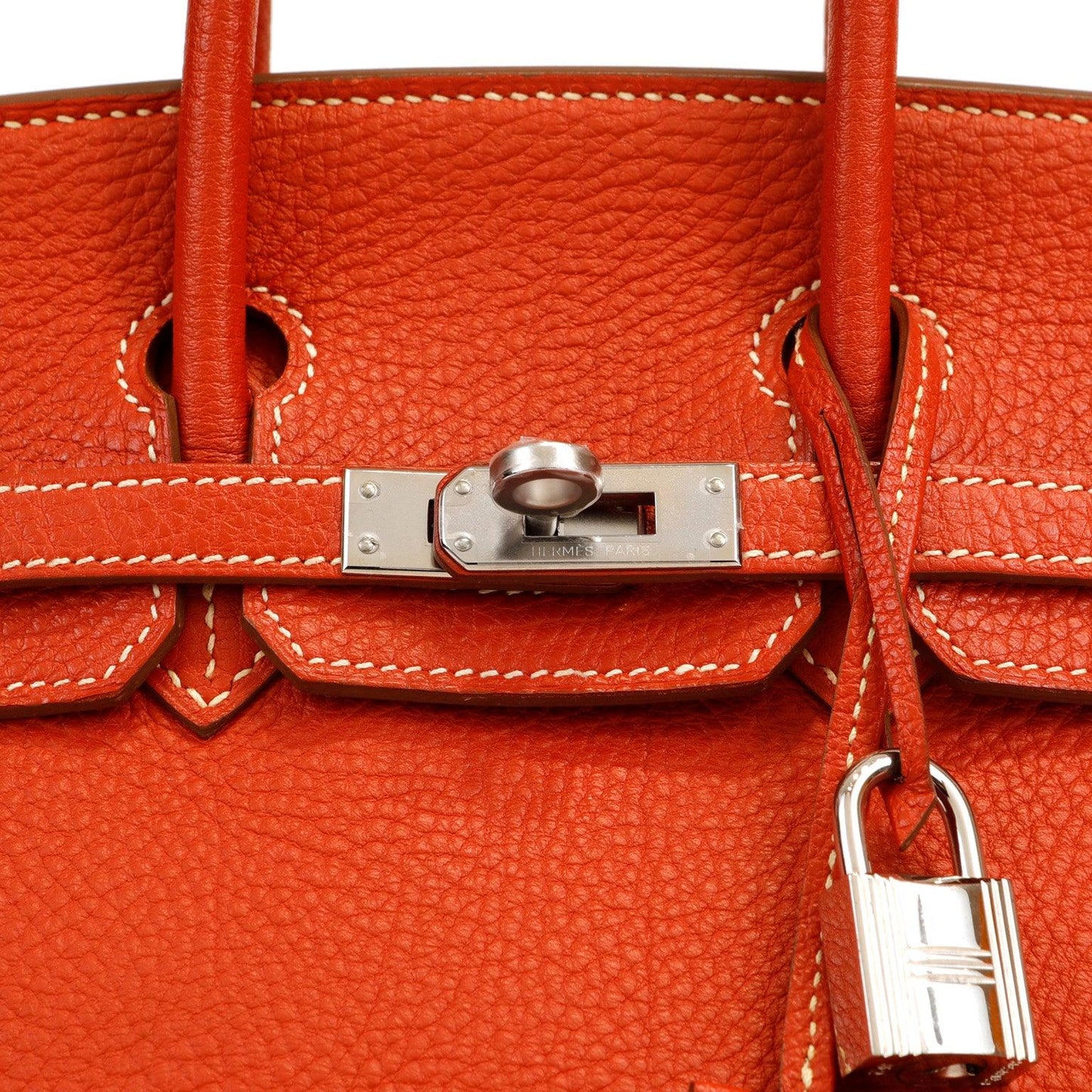 Luxury Hermes 25cm Rouge Tomate Togo Birkin w/ White Stitching & Palladium Hardware