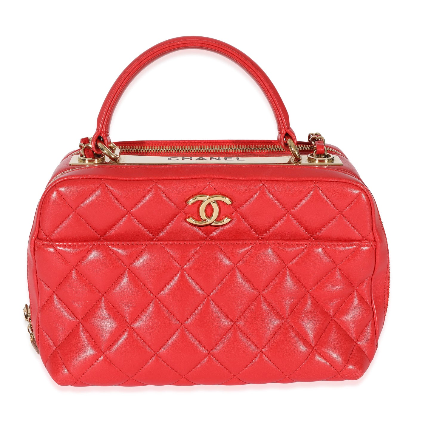 Chanel Red Quilted Lambskin CC Trendy Bowling Bag