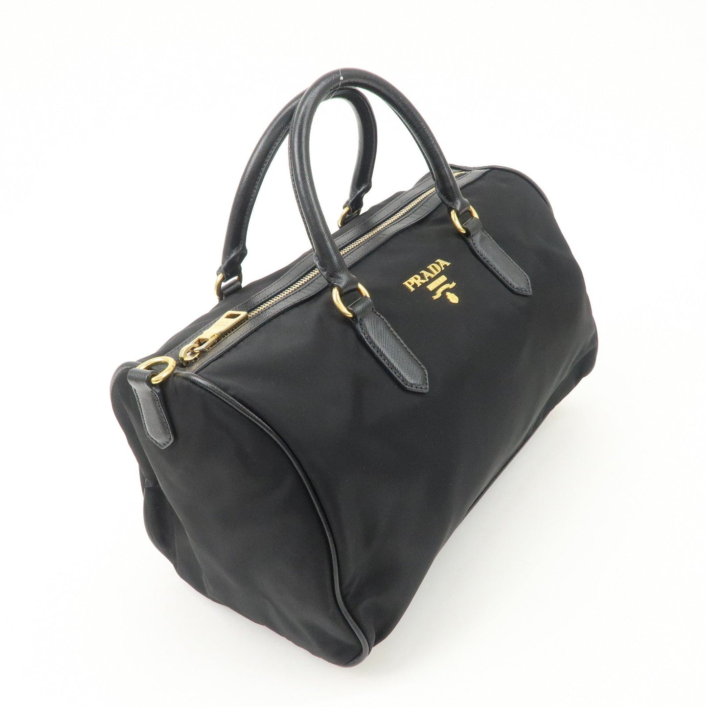 PPRADA Logo Nylon Leather Boston Bag Hand Bag Black Gold HDW  d