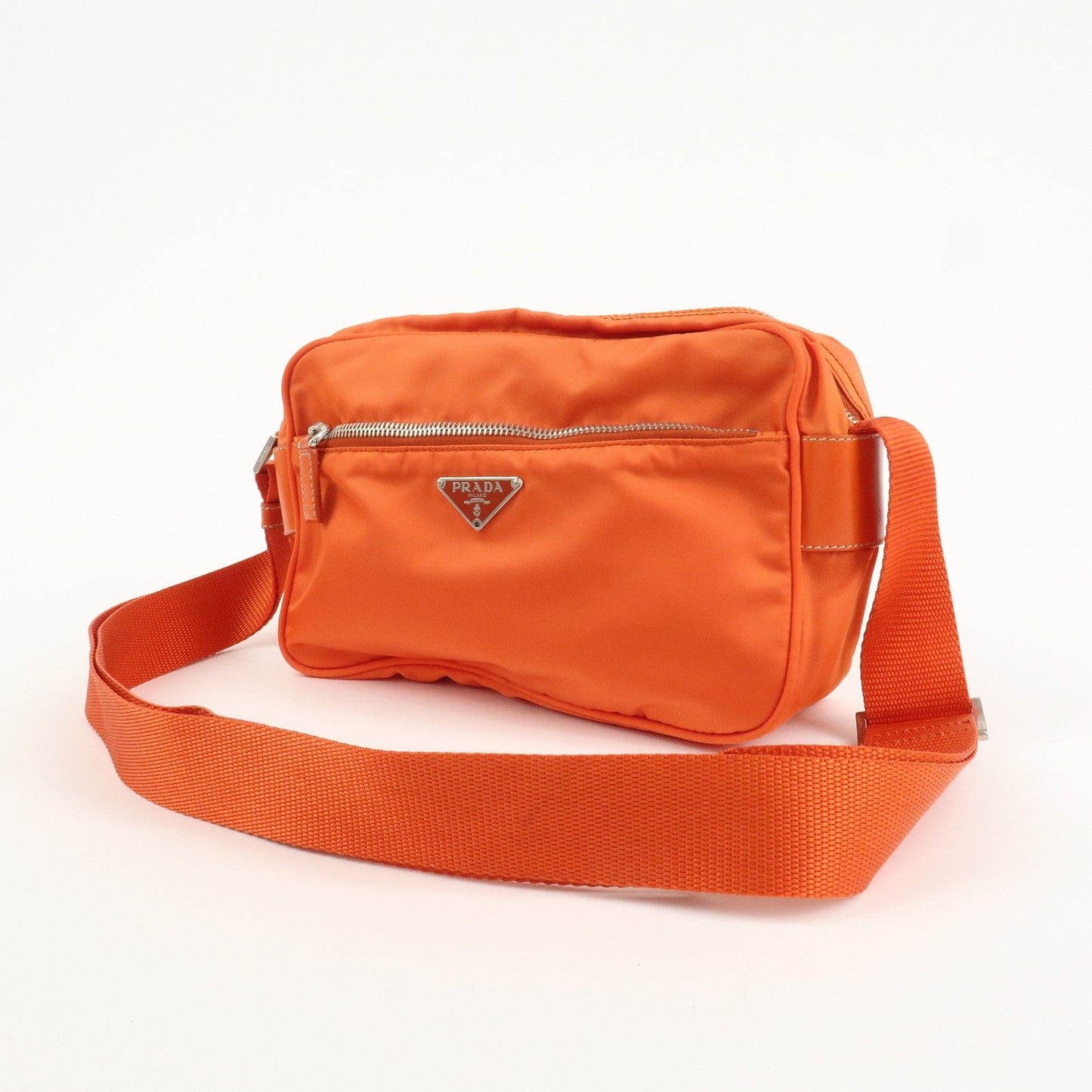 PRADA Triangle Logo Leather Nylon Shoulder Bag Orange  d