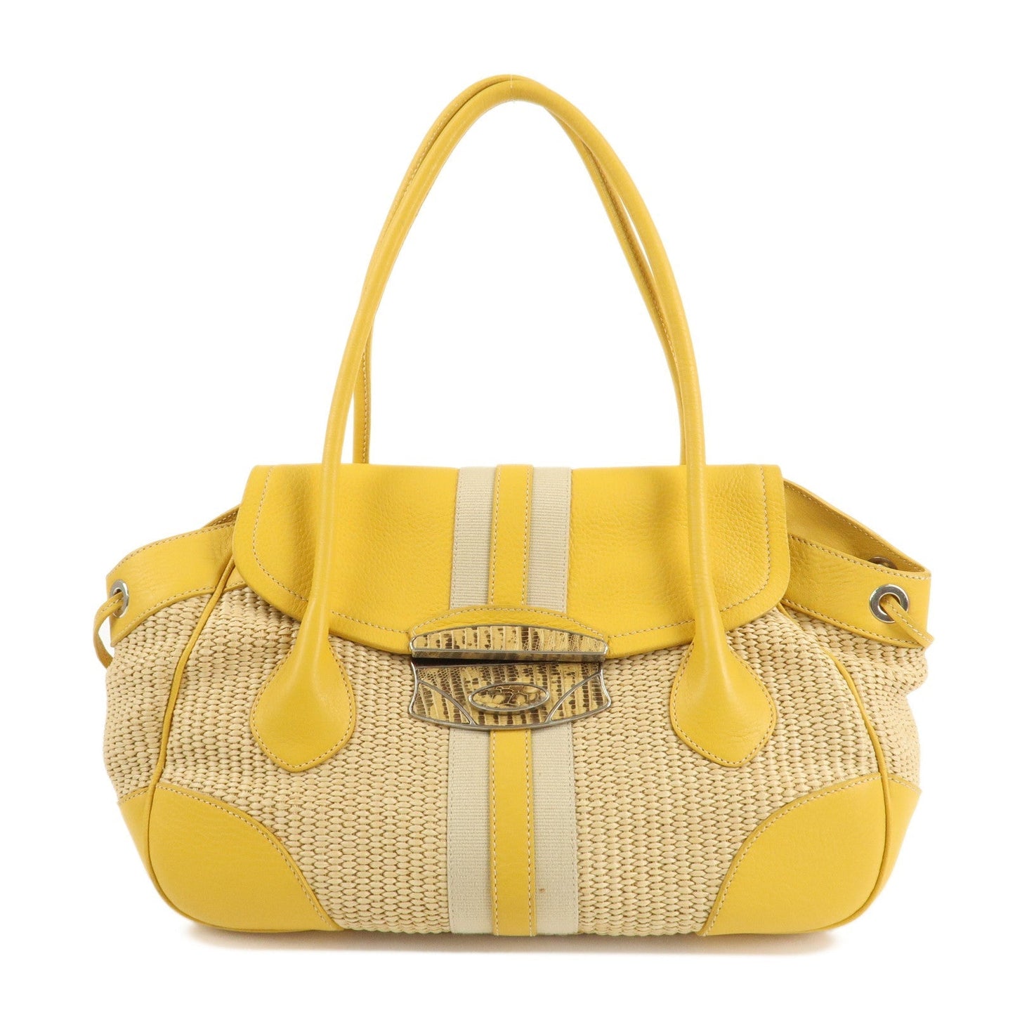 PRADA Triangle Logo Leather Raffia Tote Bag Beige Yellow  d