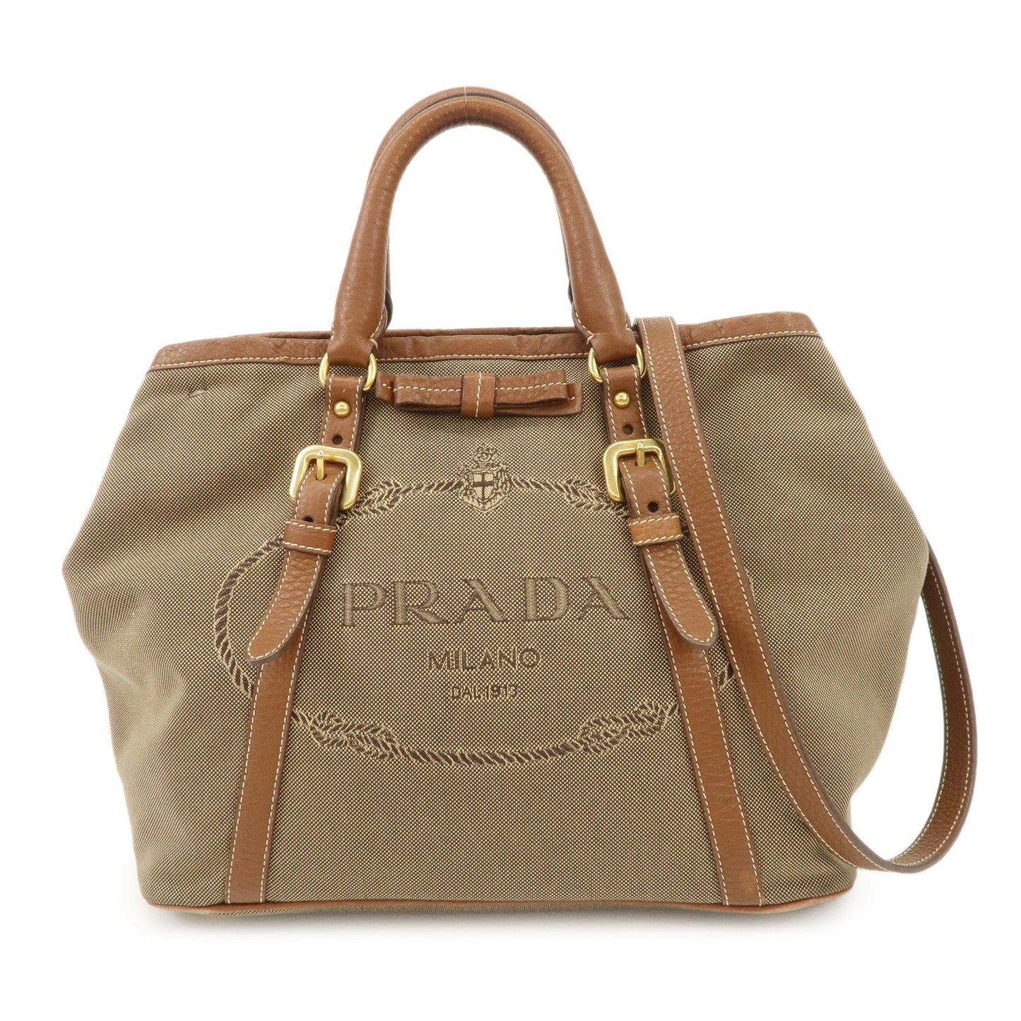 PRADA  Leather Logo Jacquard Tote Bag Ribbon Beige Brown BN1841  d