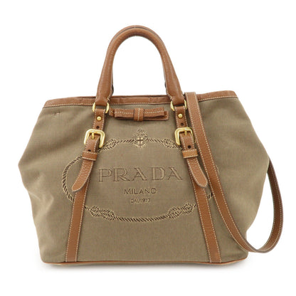 PRADA  Leather Logo Jacquard Tote Bag Ribbon Beige Brown BN1841  d
