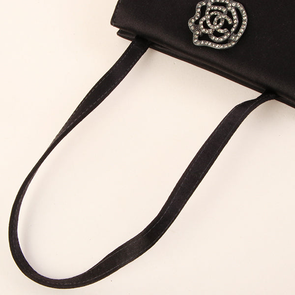 CHANEL Around 2000 Made Silk Satin Rhinestone Camellia Cc Mark Mini Top Handle Bag Black