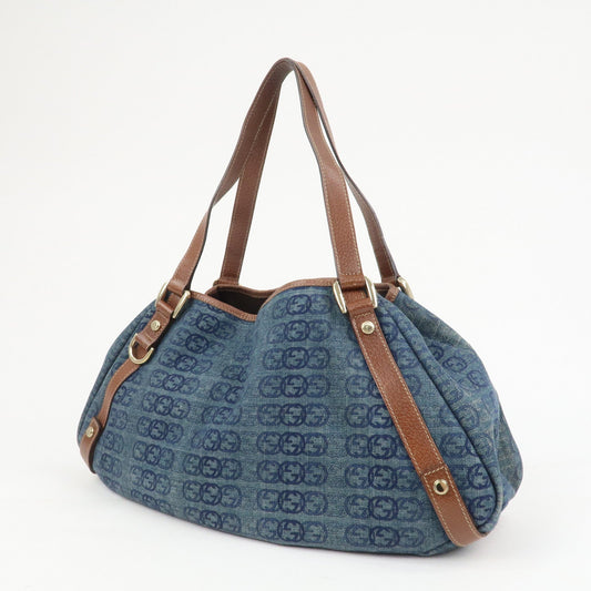 GUCCI Abbey Logo GG Denim Leather Tote Hand Bag Blue Brown 130736