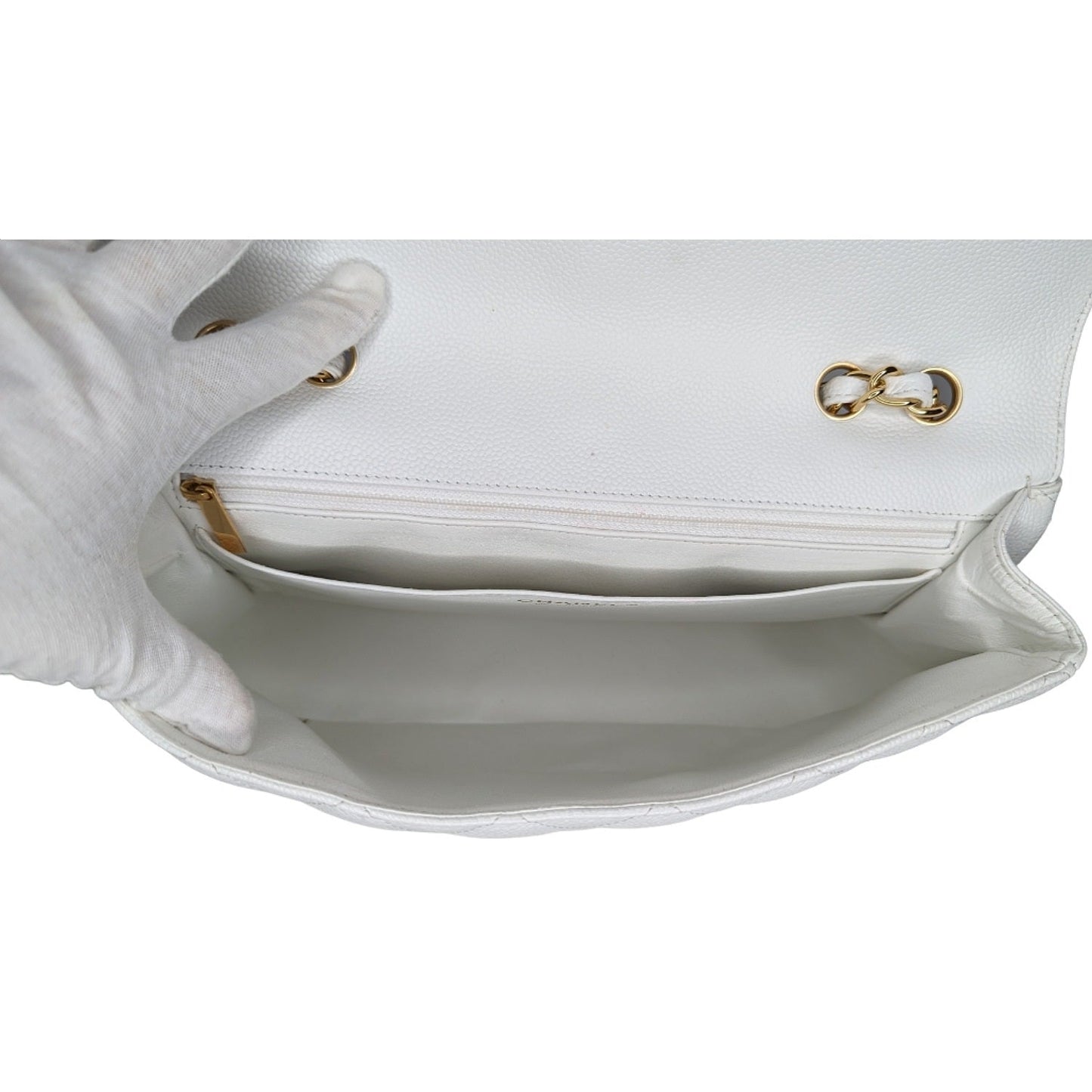 Chanel   Classic Quilted Caviar Single White Jumbo Flap