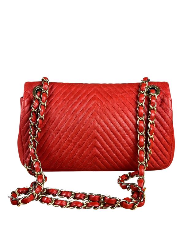 Chanel Lambskin Chevron Medallion Flap Bag Red 2016