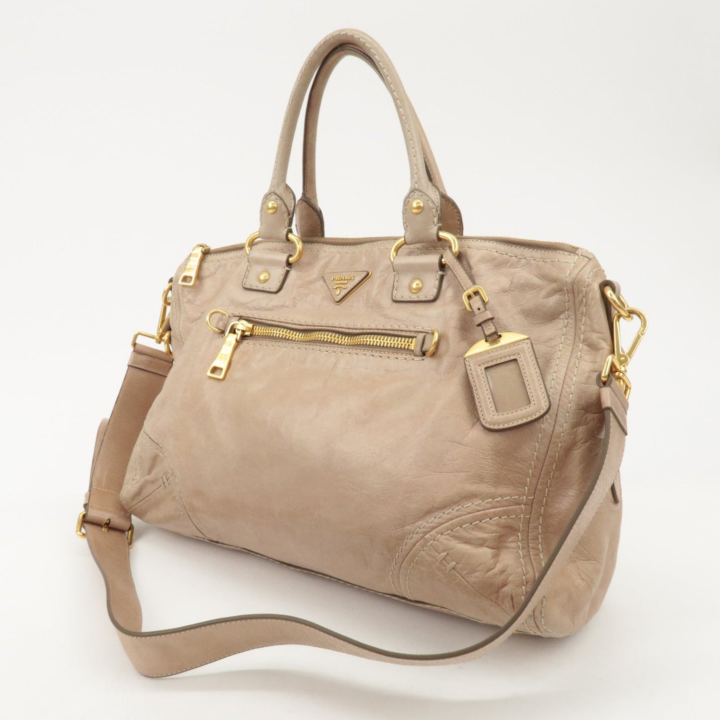 PRADA Triangle Logo Leather 2Way Bag Tote Bag Shoulder Bag Beige  d