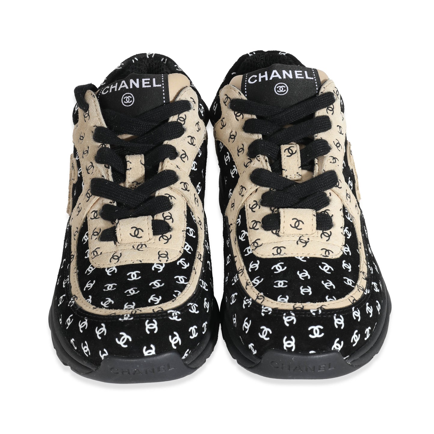 Chanel 22A Beige Black CC All Over Logo Sneakers 35