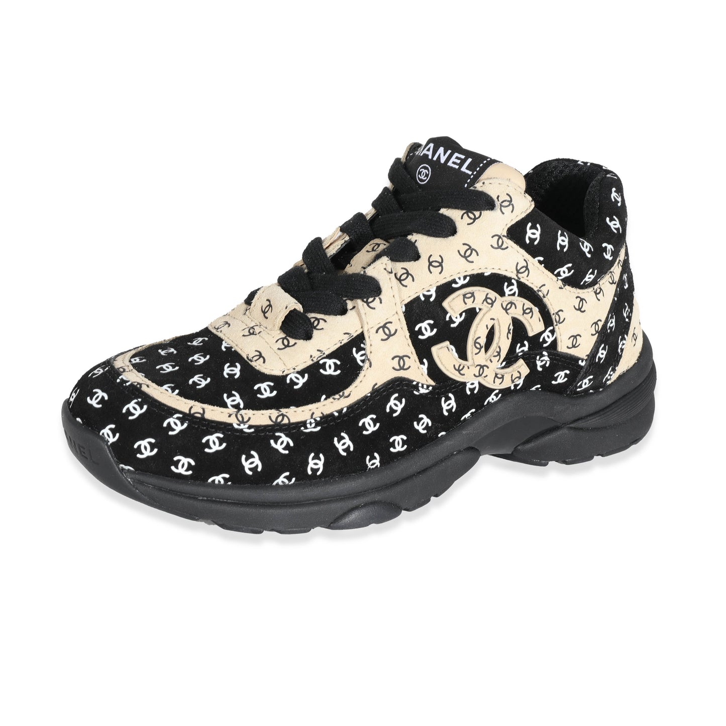 Chanel 22A Beige Black CC All Over Logo Sneakers 35