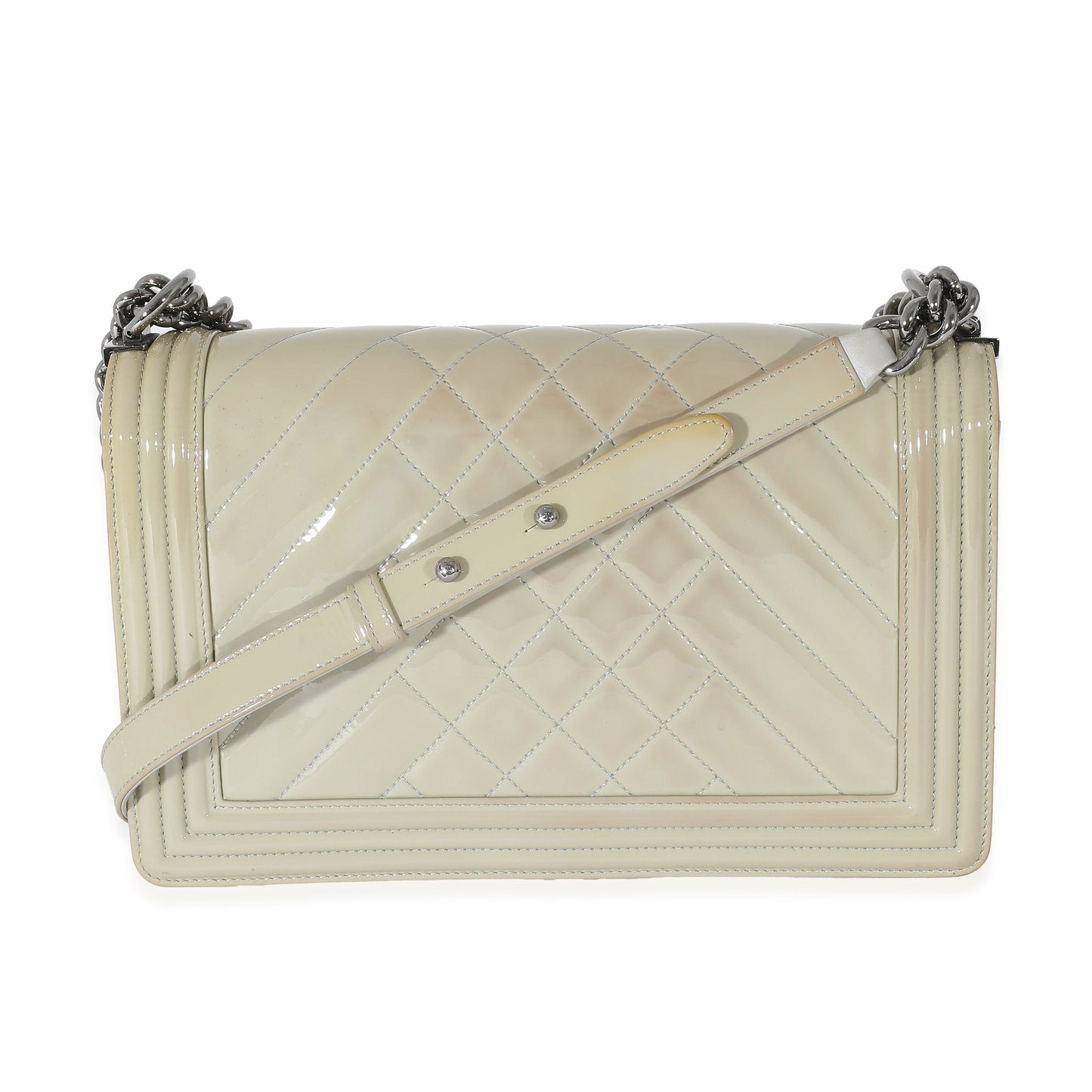 Chanel 14P Grey Patent Mix Quilted New Medium Boy Bag