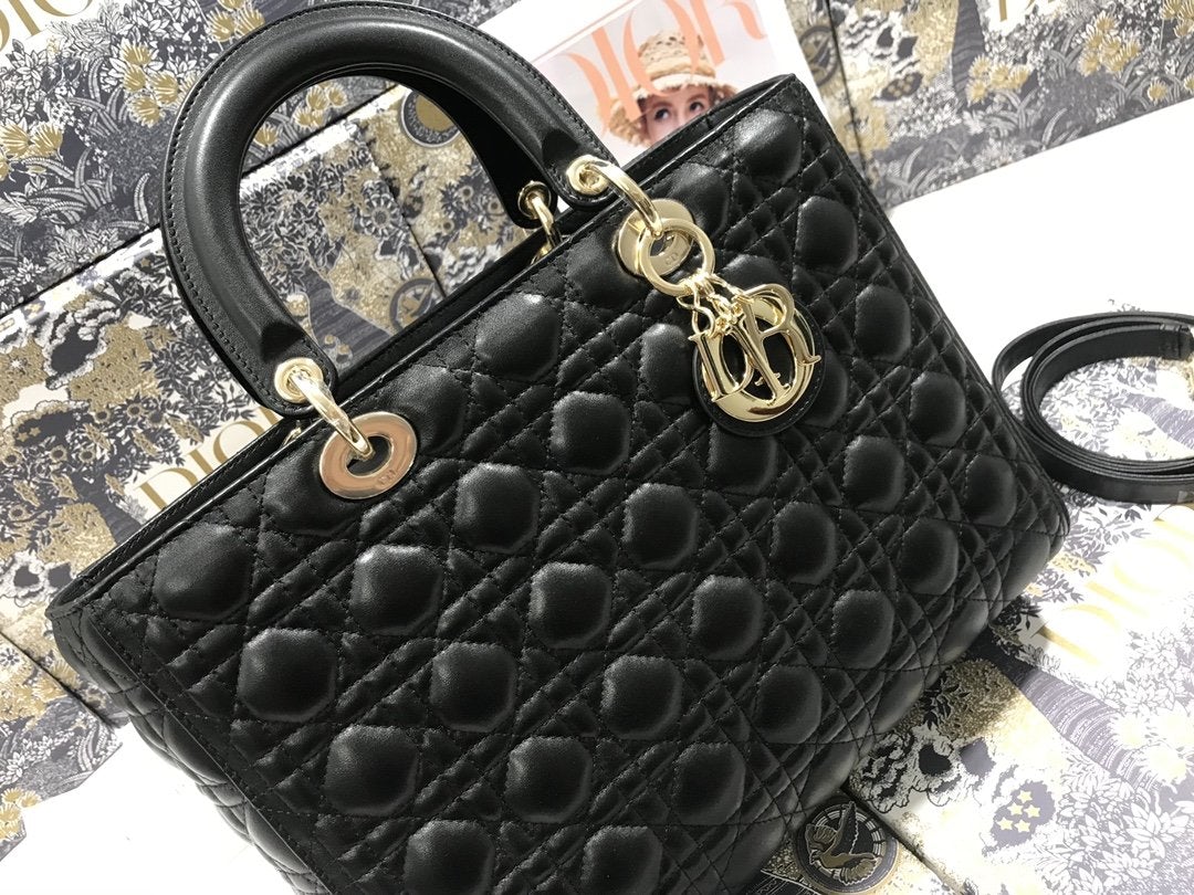 LARGE LADY BAG 32CM BLACK CANNAGE LAMBSKIN Amelia