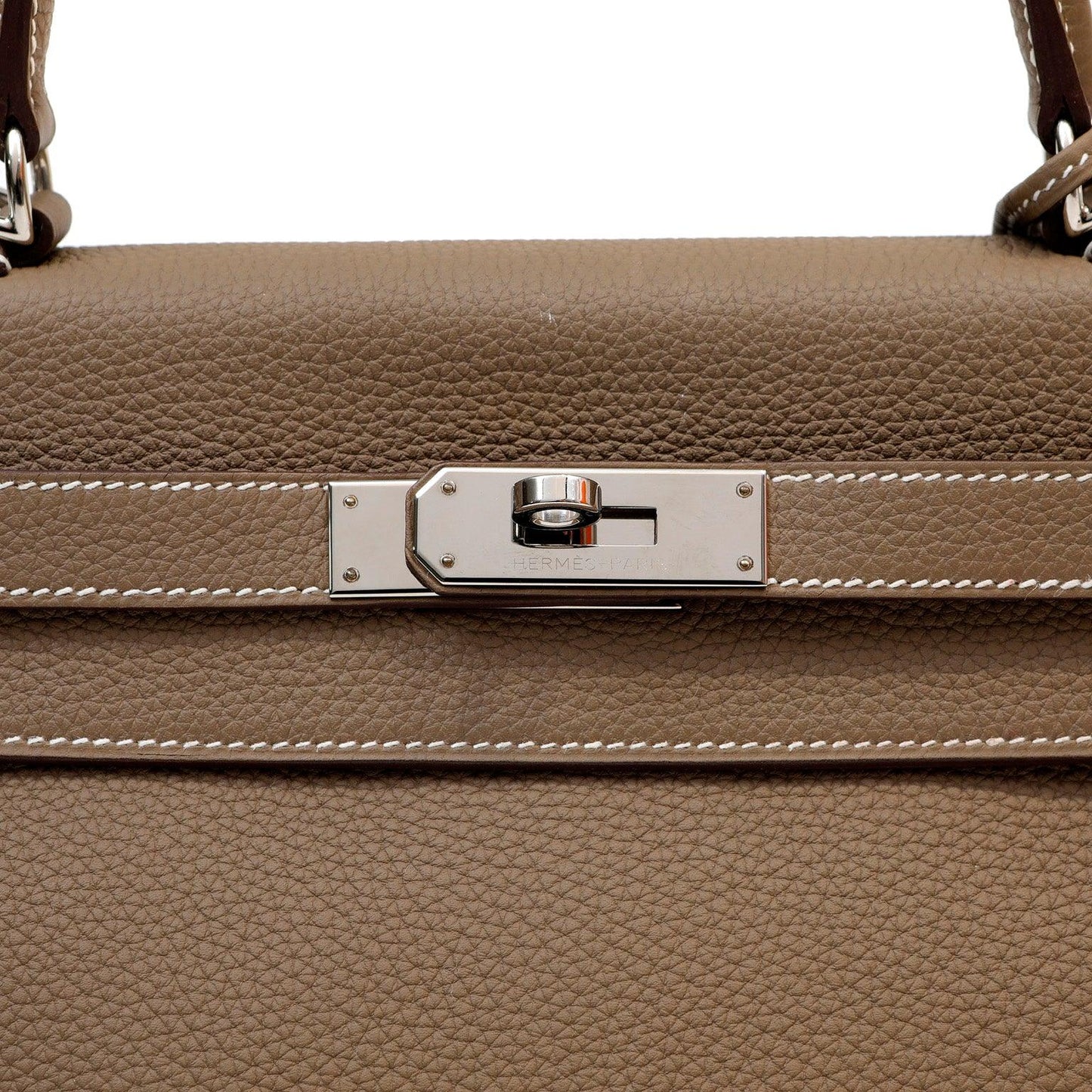 Luxury Hermes 28cm Etoupe Togo Kelly w/ Palladium Hardware & White Stitching