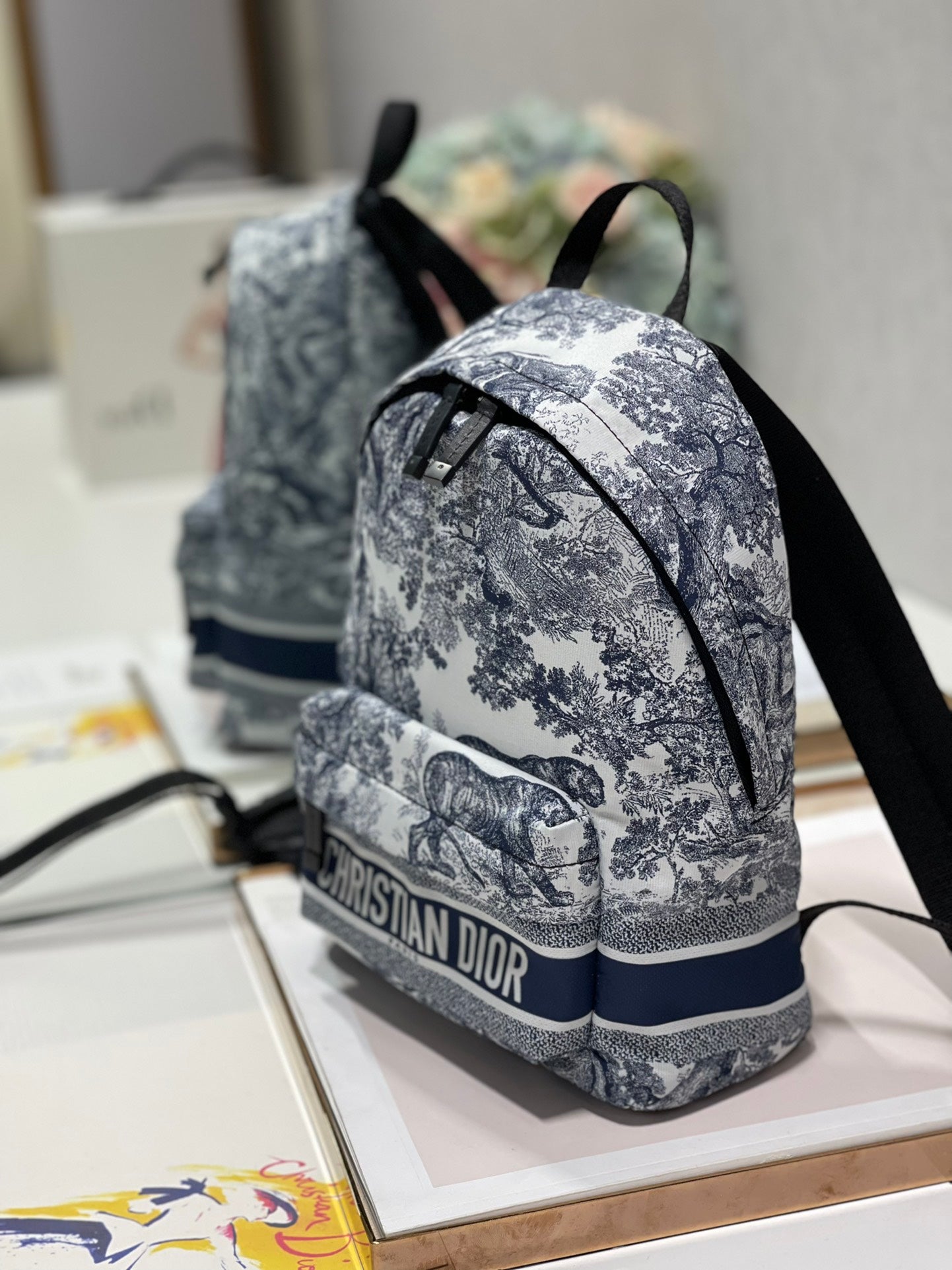 TRAVEL BACKPACK 20CM WHITE BLUE OBLIQUE JACQUARD Amelia