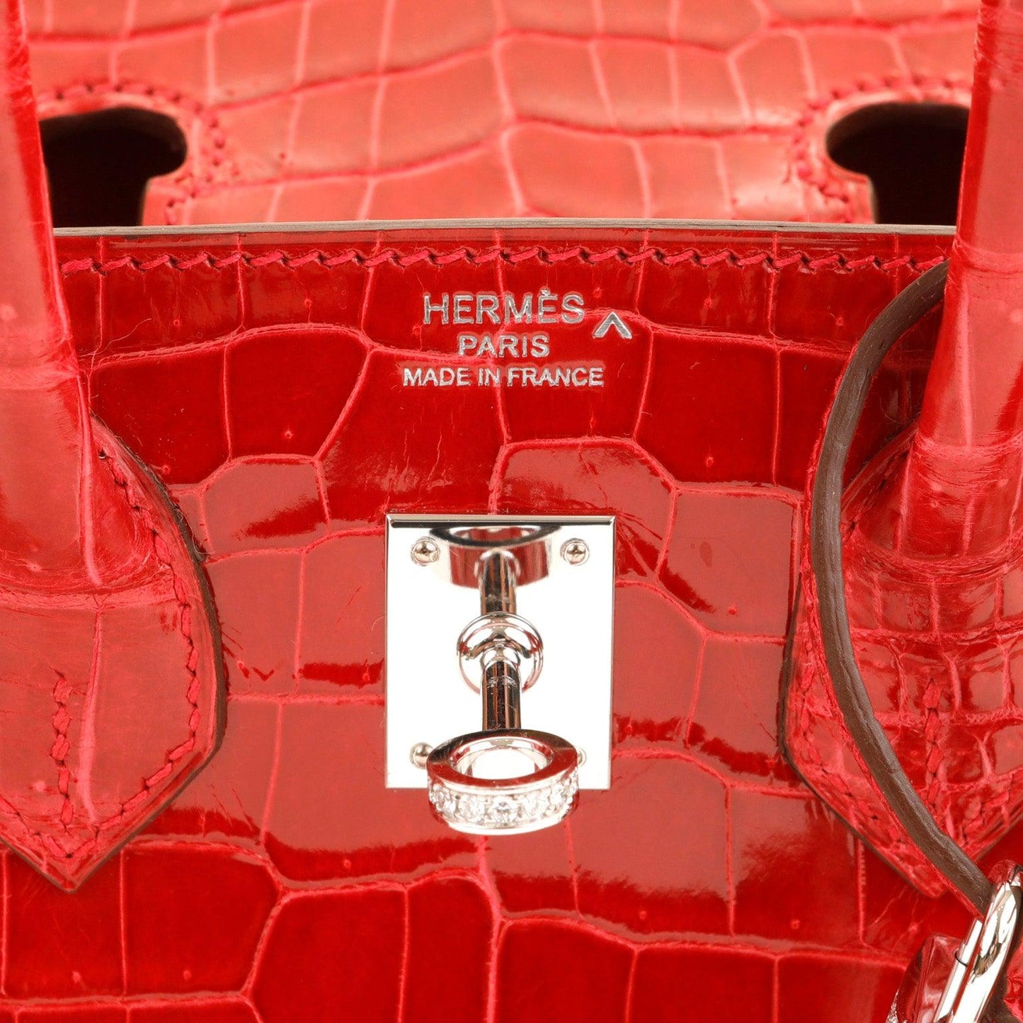 Luxury Hermes 25cm Braise Red Crocodile Birkin w/ Diamond White Gold Hardware